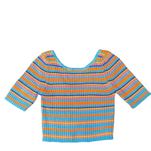 FREE PEOPLE Textured Short Sleeves Crop Sweater Striped Size Medium NWT - Picture 3 of 7